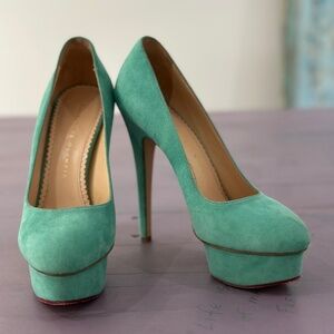 Charlotte Olympia Eternally Dolly Aqua Color Suede Heels Size 37.5
